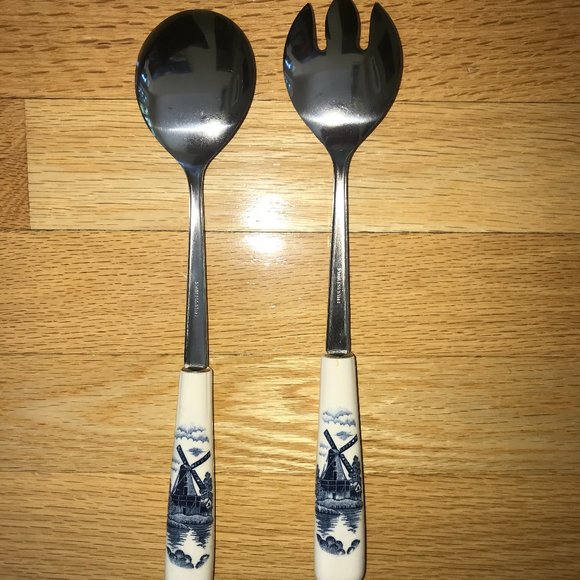 Elesva Amsterdam Holland Salad Serving Set Blue and White Handles - Picture 7 of 8